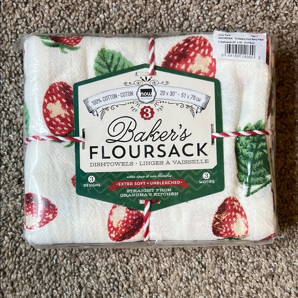 Baker's Floursack Dish Towels with Berry Designs, Set of 3